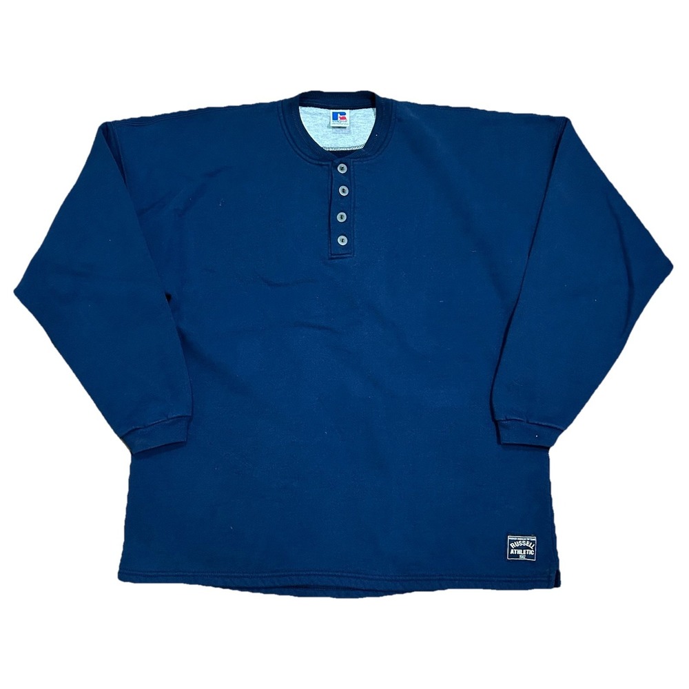 Vintage Russell Athletic Sweatshirt Mens XL Blue Henley Fleece Pullover‎ USA 90s